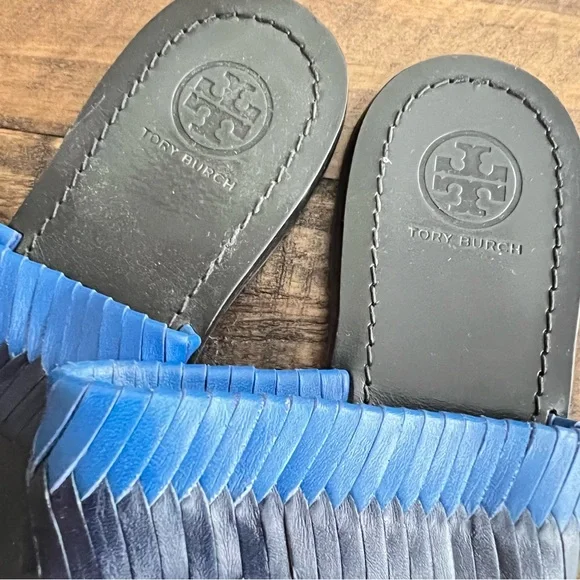 Tory Burch Neptune Baltic Blue Bi-Color Woven Flat Sandal - Picture 2 of 5